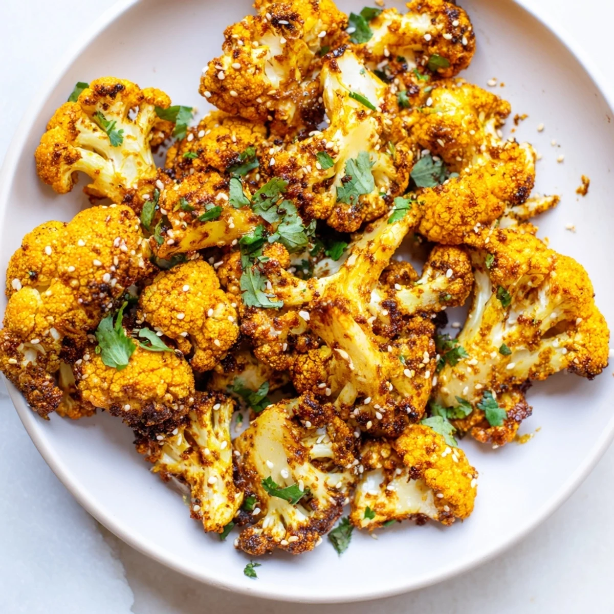 Vibrant roasted cauliflower with turmeric arranged in a shallow bowl, bright with lemon juice and speckled with cilantro.