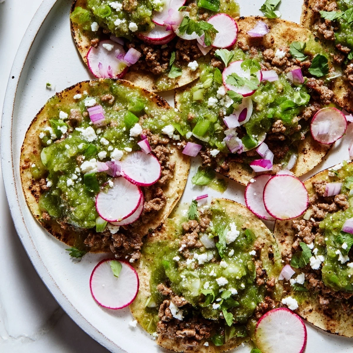 Juicy, seasoned beef filling topped with vibrant salsa verde inside warm corn tortillas for Spicy Beef Tacos.