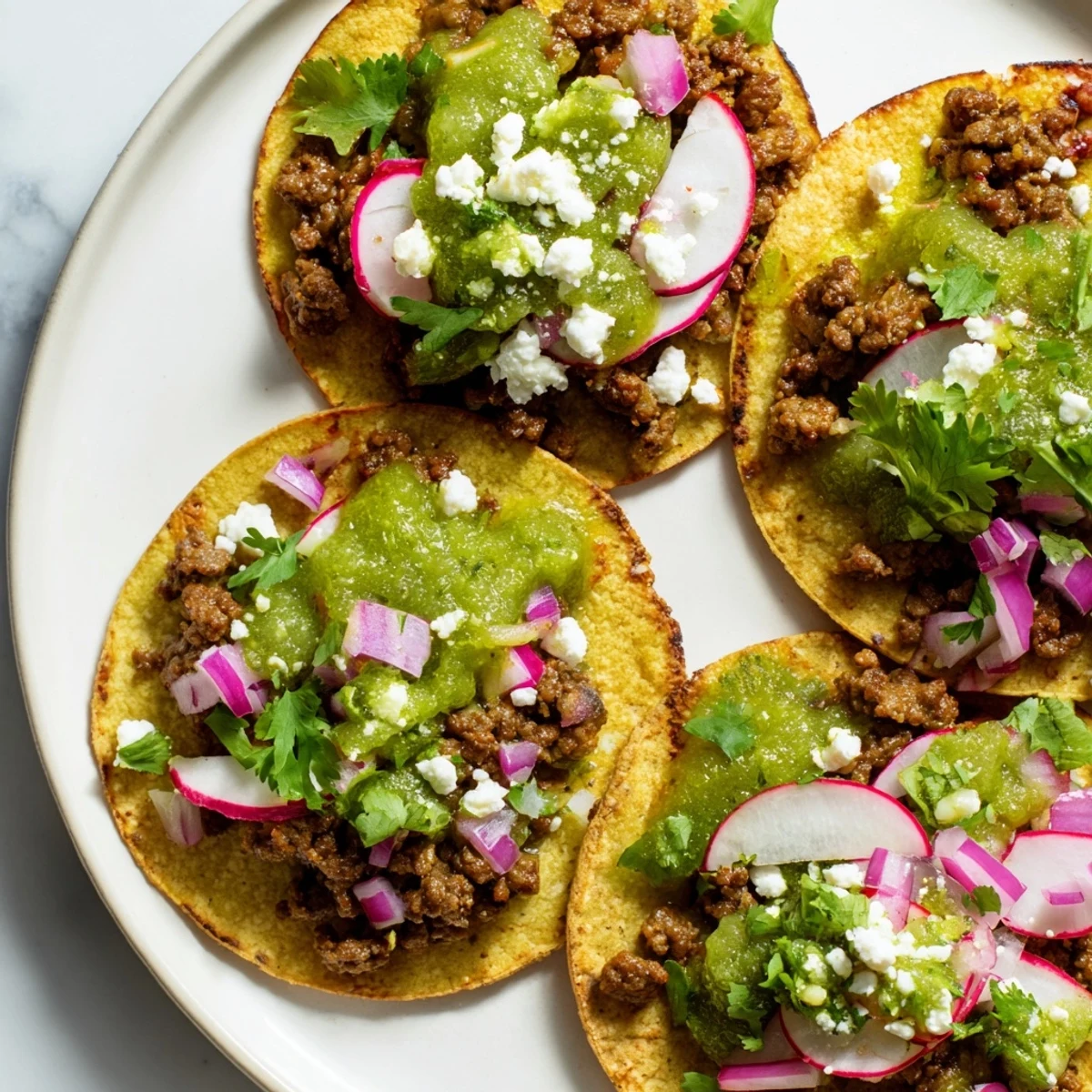 Spicy Beef Tacos with salsa verde, garnished with fresh cilantro, diced onion, and lime on a plate.