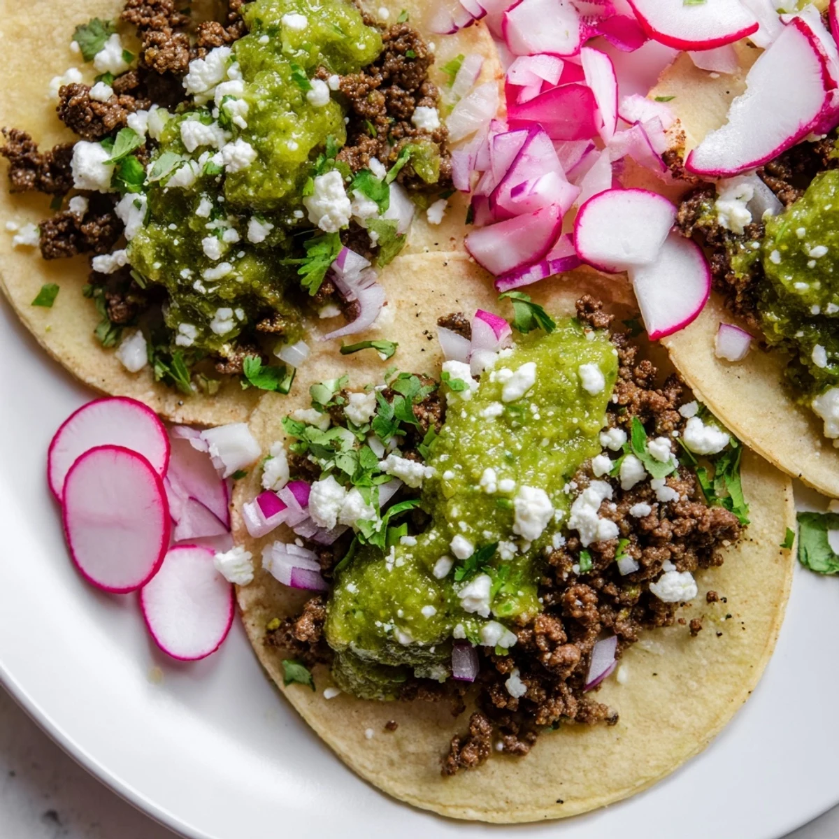 Close-up view of Spicy Beef Tacos with charred salsa verde and melted queso fresco for a Mexican dinner.