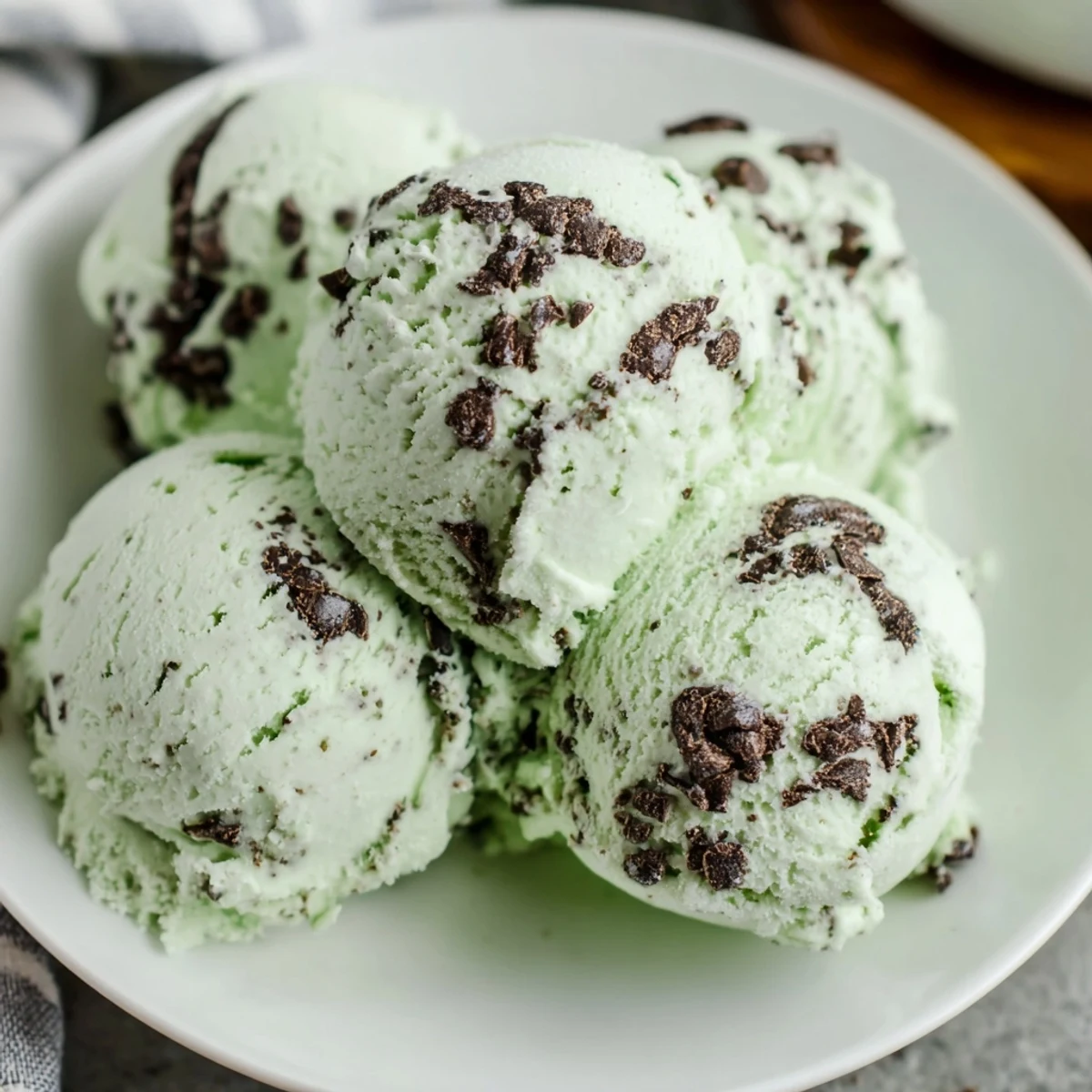 Enjoy Green Mint Chocolate Chip Ice Cream in a waffle cone, with minty aroma and creamy texture perfect for summer gatherings.