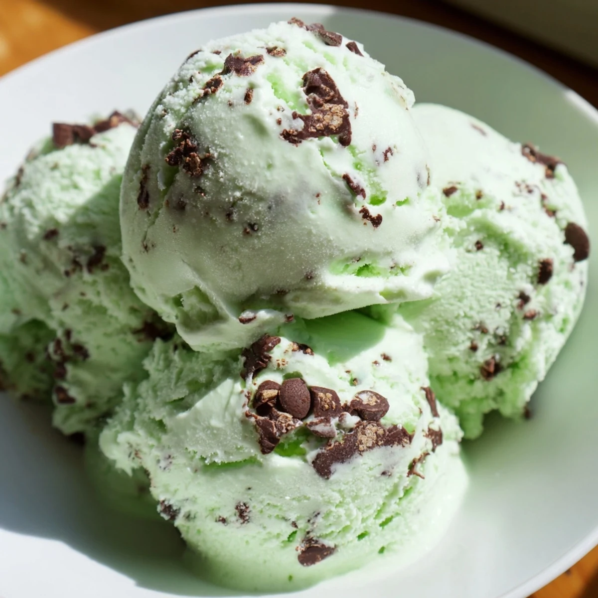 A scoop of Green Mint Chocolate Chip Ice Cream in a chilled glass dish, with chocolate flakes glistening beside fresh mint leaves.
