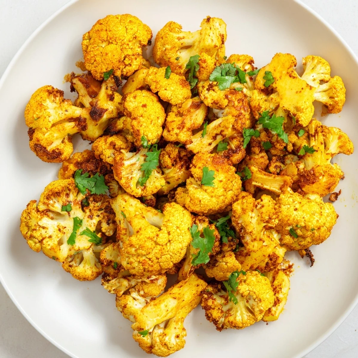 Golden Roasted Cauliflower with Turmeric and Cumin shines on a rustic plate with fresh cilantro garnish.