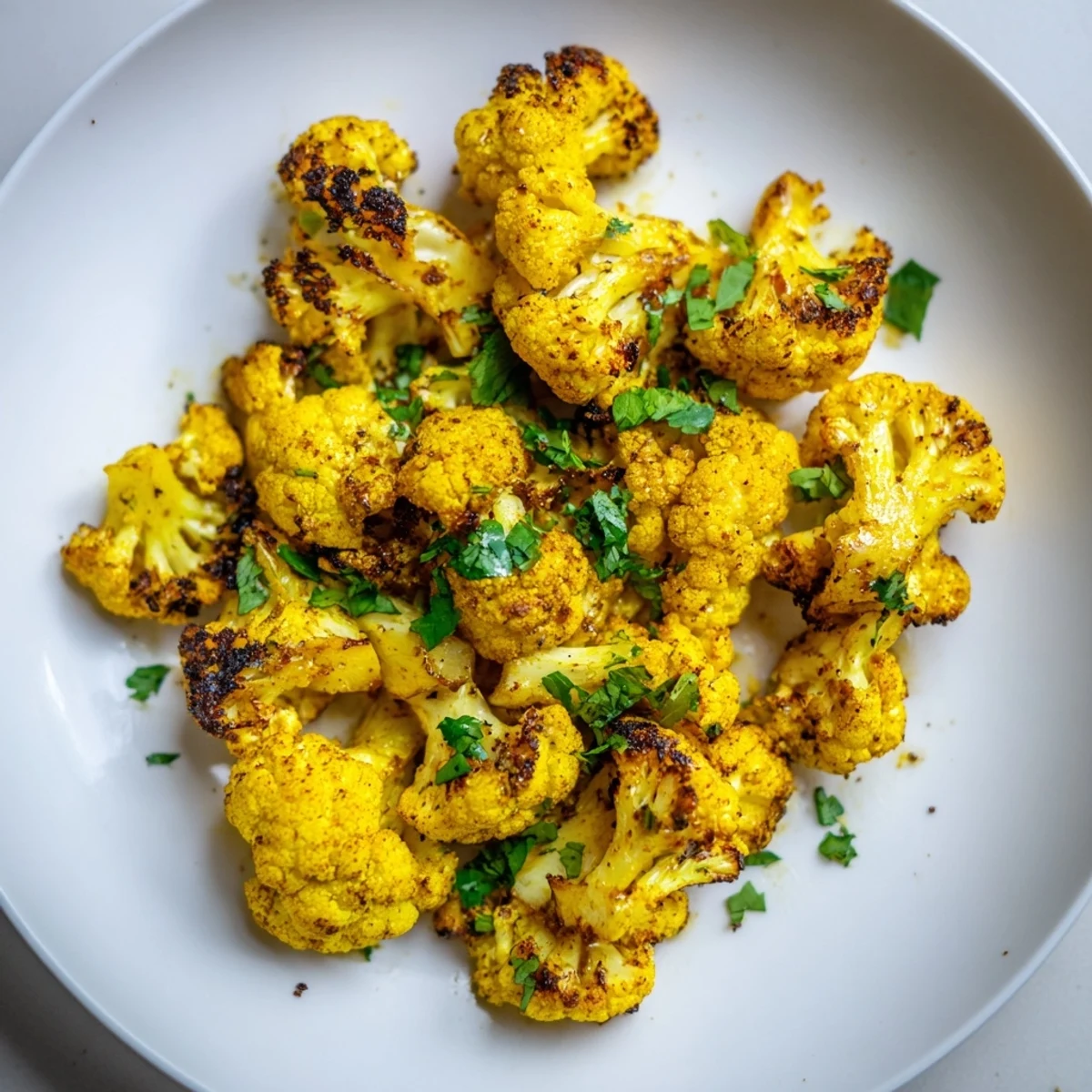 Vibrant Roasted Cauliflower with Turmeric and Cumin served alongside grilled chicken for a complete meal.