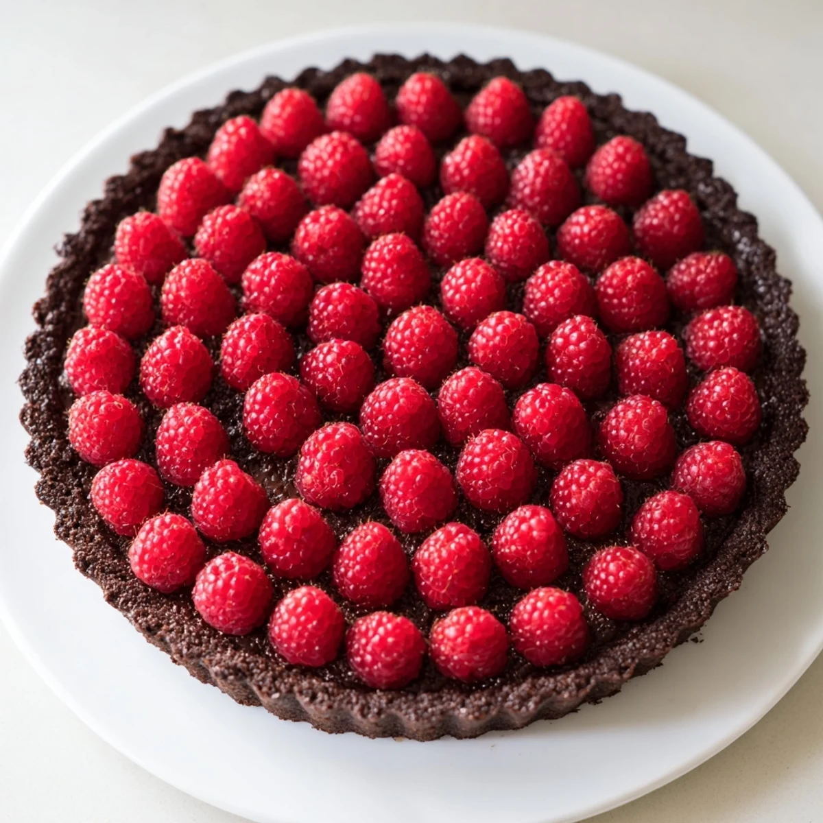 A close-up of Chocolate Raspberry Tart with Pastry Cream, showing fresh red raspberries on silky vanilla custard inside a dark chocolate crust.