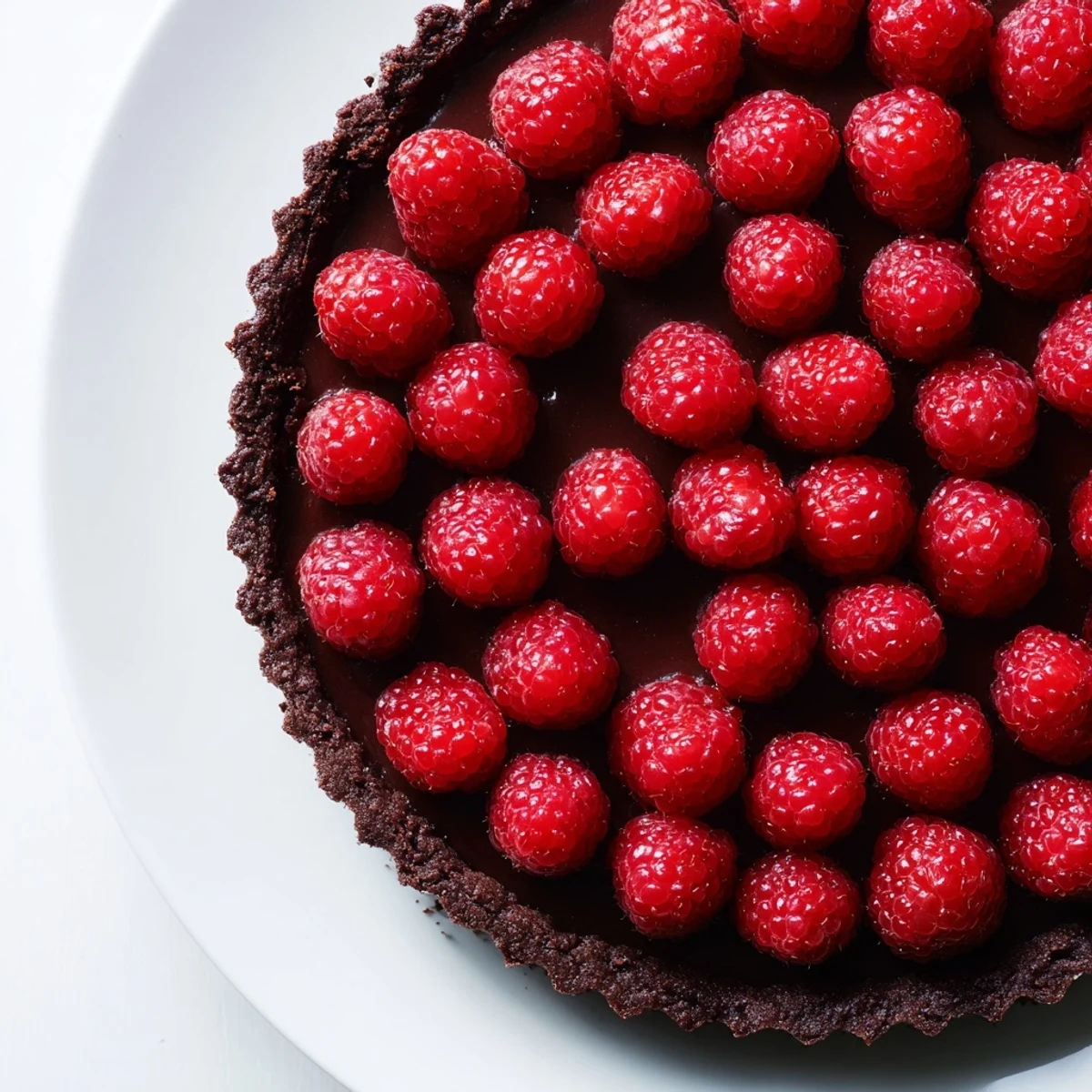 Slice of Chocolate Raspberry Tart with Pastry Cream on a white plate, drizzled with dark chocolate and ready to serve at a dinner party.