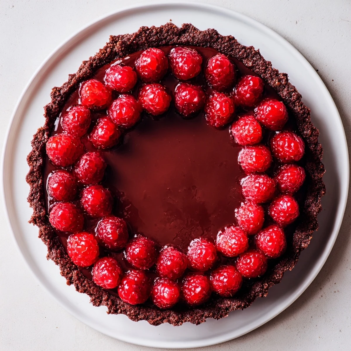 Overhead view of Chocolate Raspberry Tart with Pastry Cream featuring glossy raspberries, a rustic chocolate shell, and a brushed raspberry jam glaze.