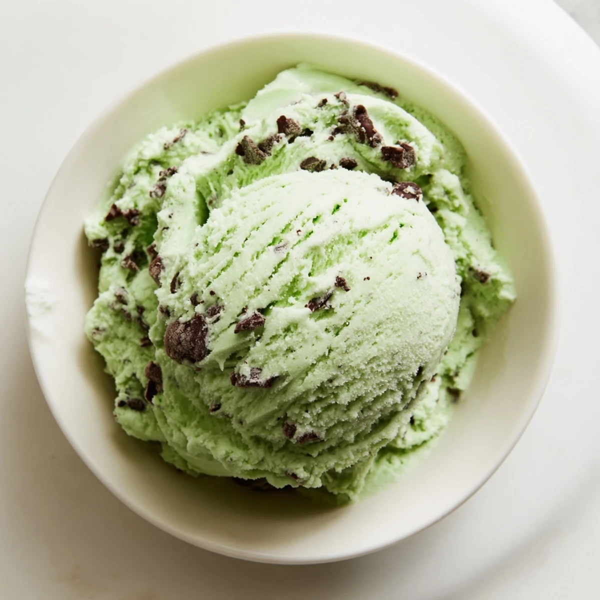 Green Mint Chocolate Chip Ice Cream is scooped into a bowl, showing its rich texture and flecks of dark chocolate.