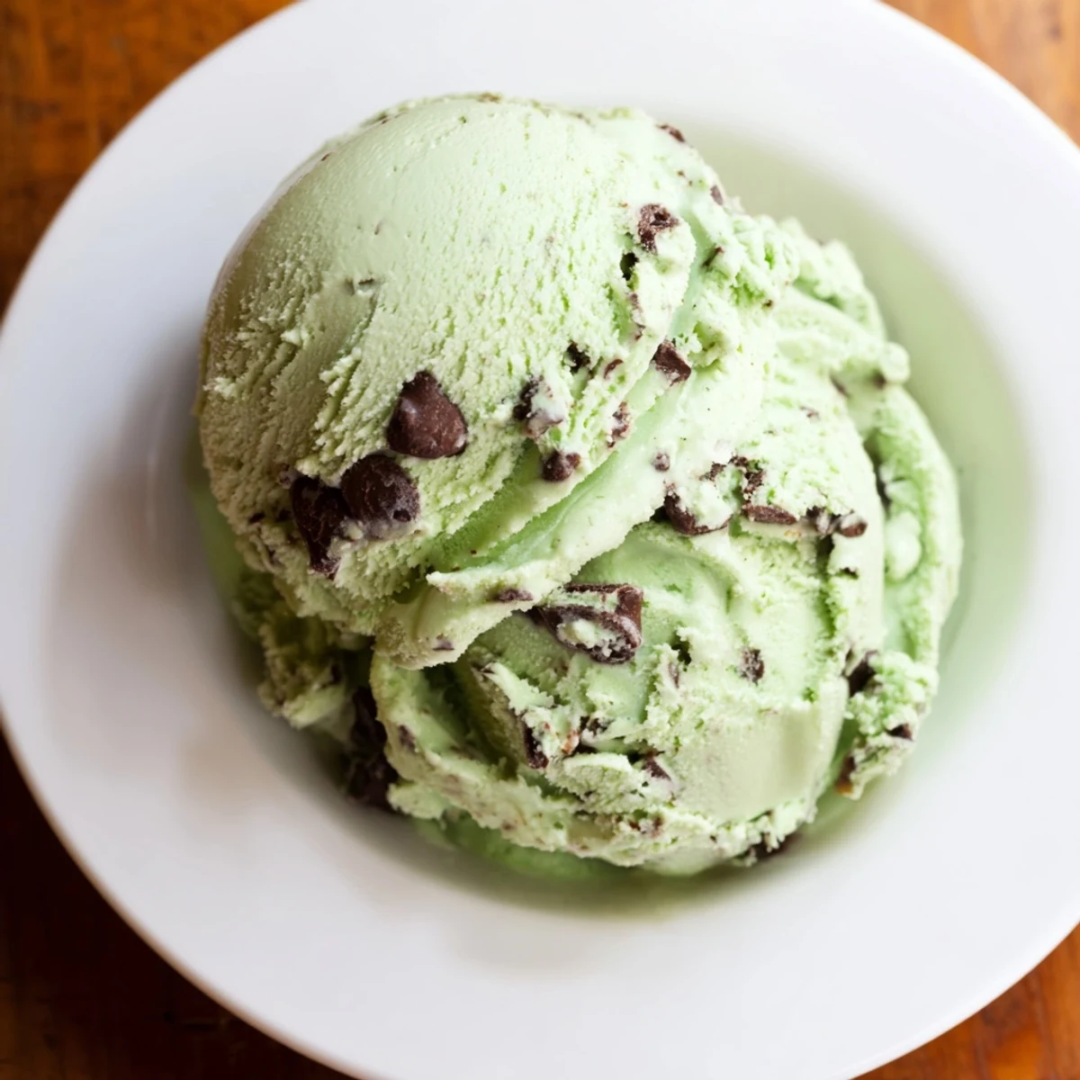 A scoop of Green Mint Chocolate Chip Ice Cream in a waffle cone, with visible chocolate chips and creamy green mint base.