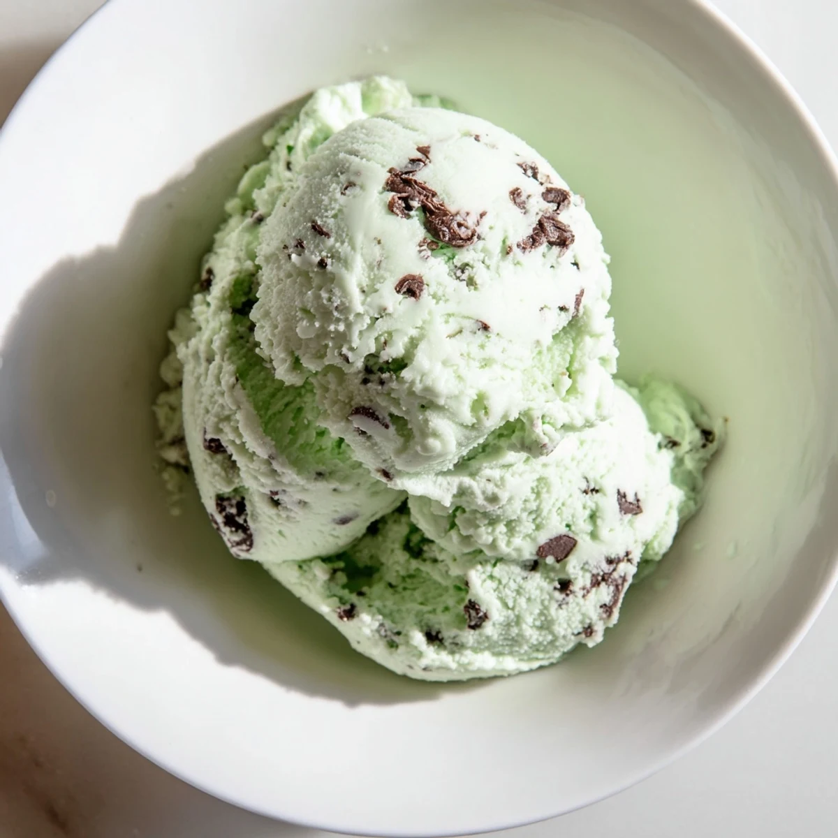 Close-up view of Green Mint Chocolate Chip Ice Cream in a glass dish, highlighting the refreshing green hue and chocolate chips.