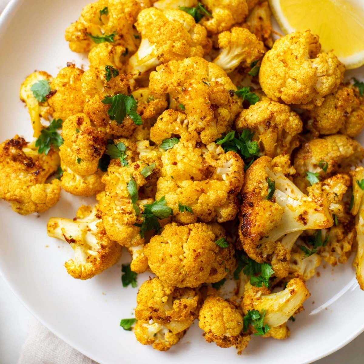 Golden roasted cauliflower florets with turmeric and cumin garnished with fresh cilantro and lemon wedges on a rustic plate.