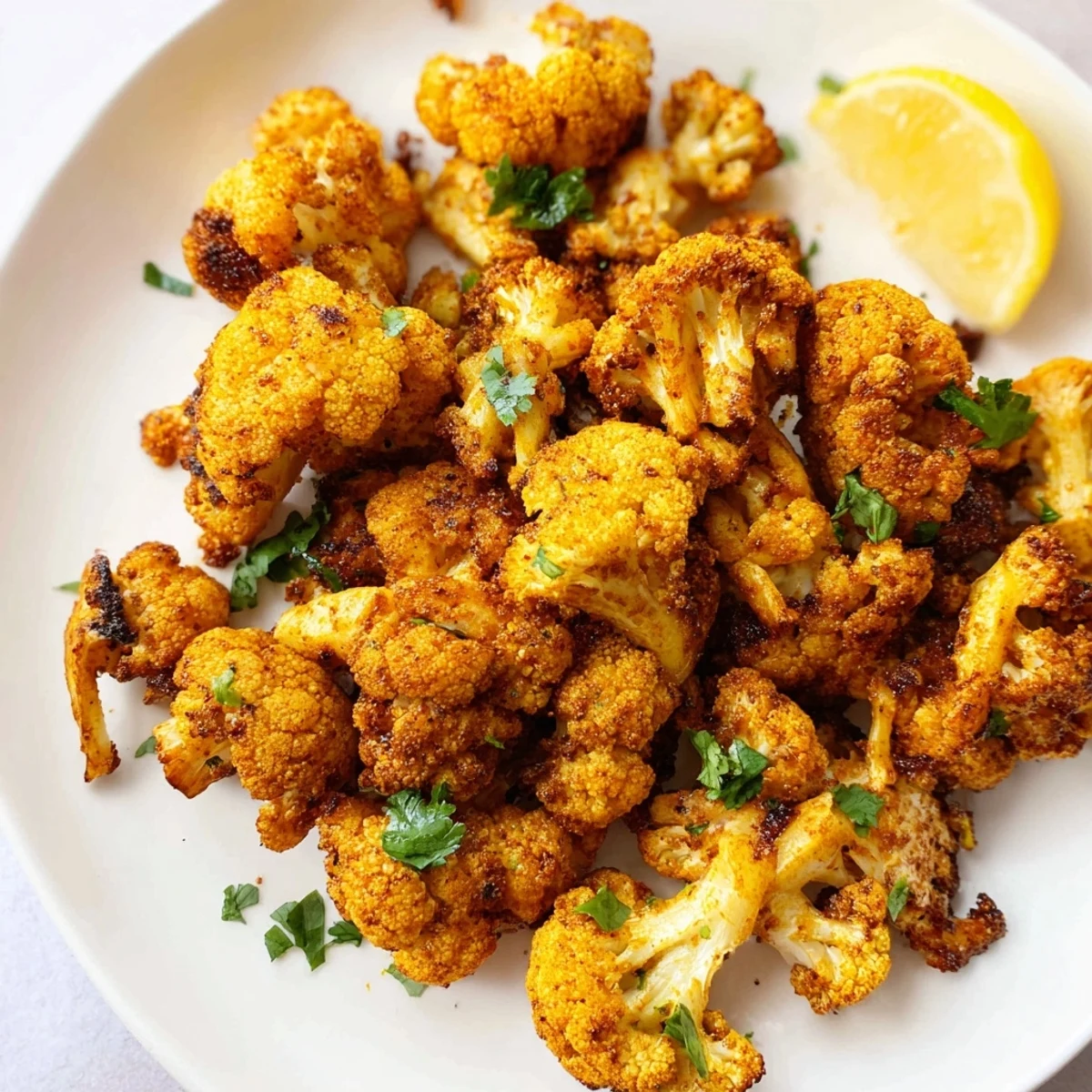 Vibrant yellow roasted cauliflower with turmeric and cumin on a baking sheet, ready to serve as a plant-based main or side.