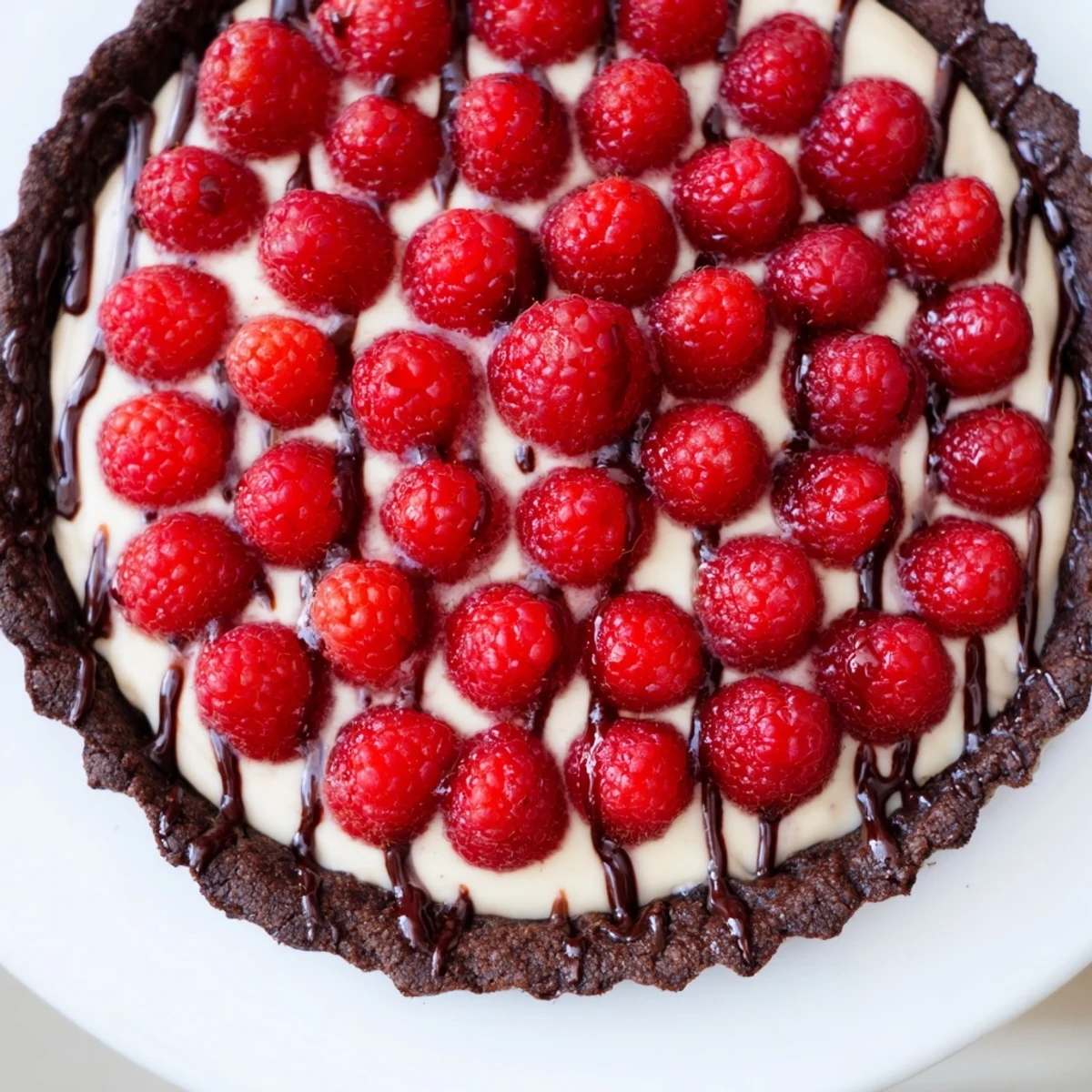 A close-up of the Chocolate Raspberry Tart with Pastry Cream, showing glossy raspberries on silky vanilla filling.