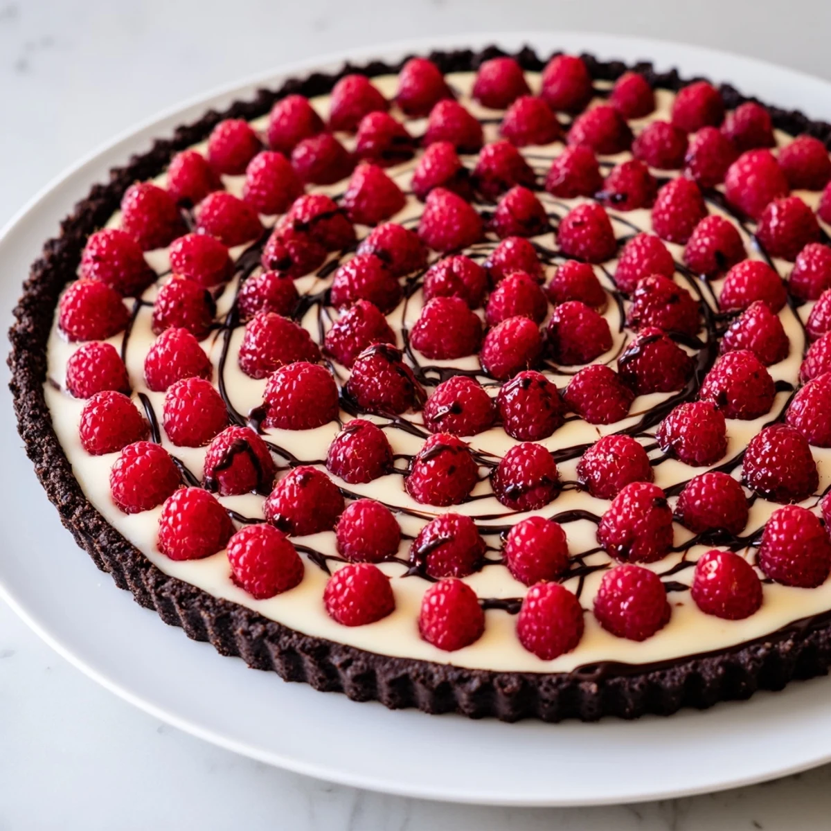 A serving suggestion for Chocolate Raspberry Tart with Pastry Cream, featuring fresh berries and a dusting of cocoa.