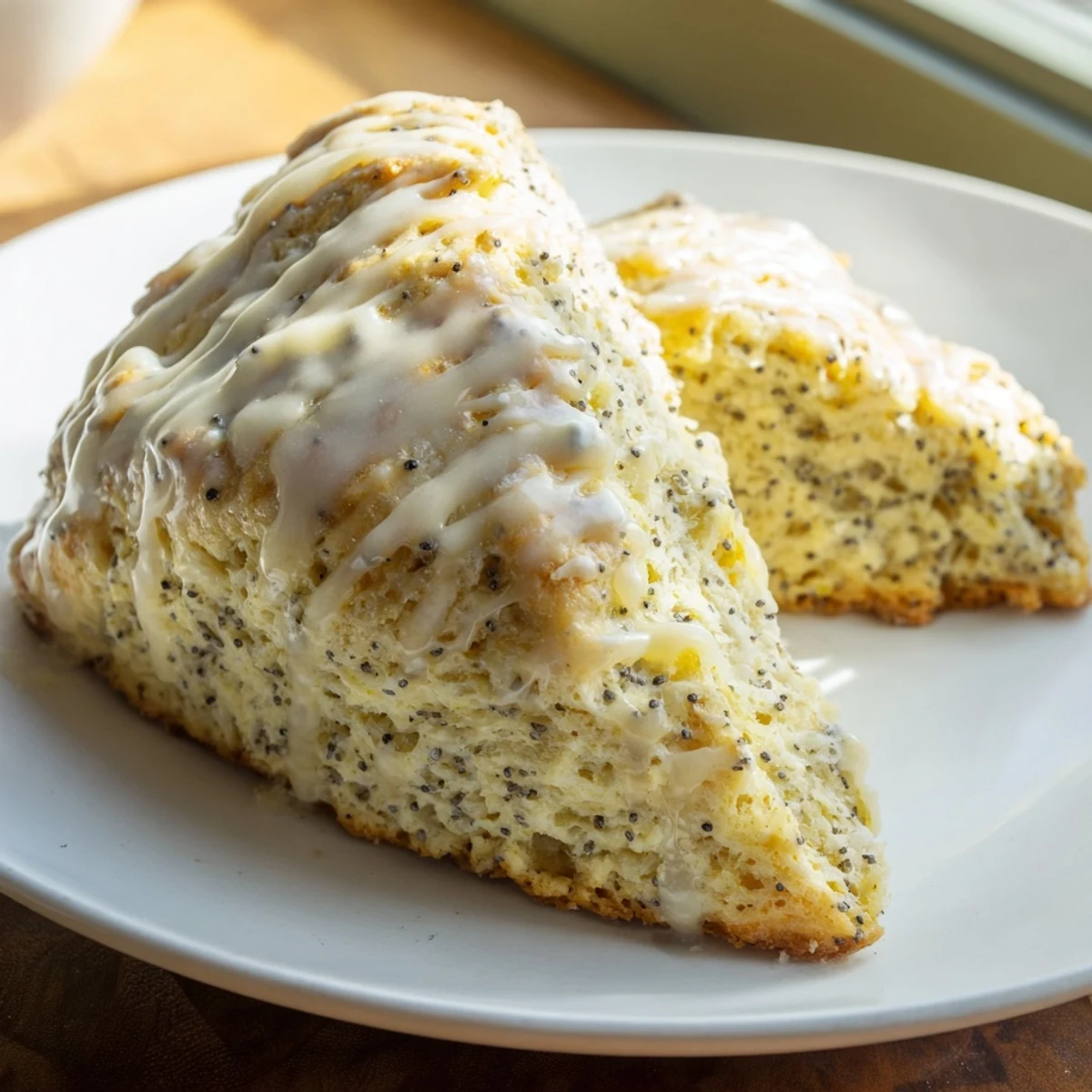 Freshly baked Lemon Poppy Seed Scones with a glistening lemon glaze on a rustic wooden table.