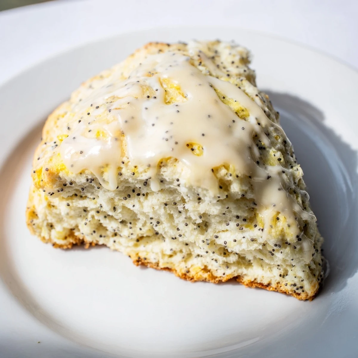Golden Lemon Poppy Seed Scones topped with sweet glaze, served warm alongside a cup of tea.