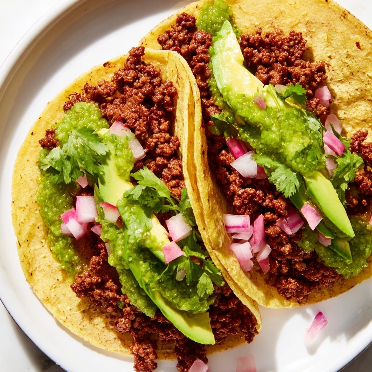 Steaming Spicy Beef Tacos with Salsa Verde are stacked high with avocado slices and fresh cilantro.
