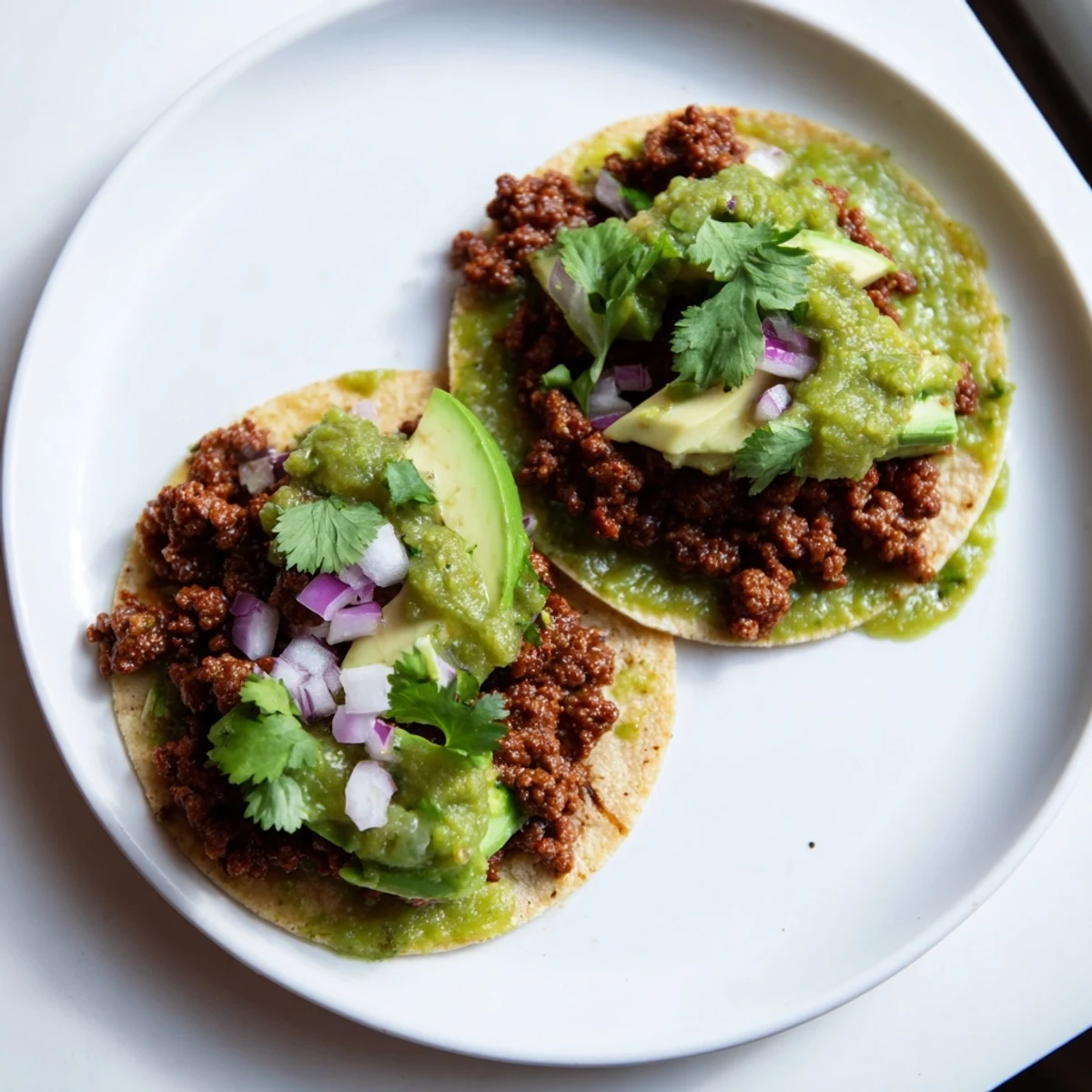 A close-up of Spicy Beef Tacos with Salsa Verde topped with diced red onion and zesty lime wedges.