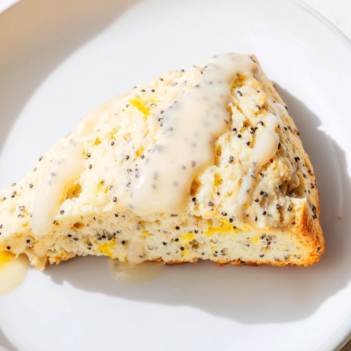 A close-up of Lemon Poppy Seed Scones reveals crunchy poppy seeds embedded in tender, flaky crumbs, ready for breakfast.