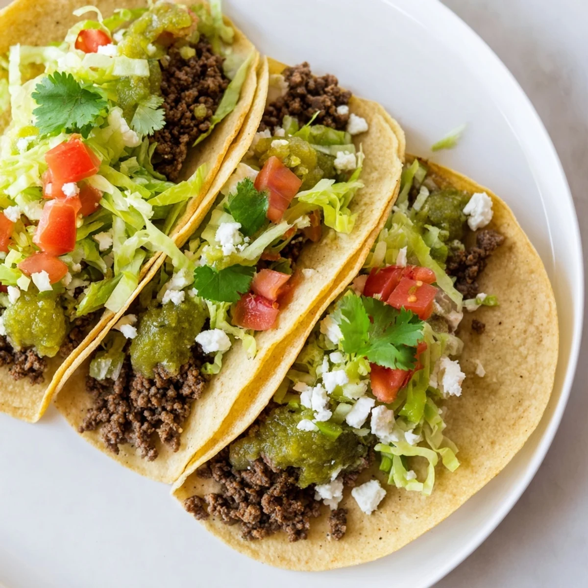 Hearty spicy beef tacos with salsa verde served alongside lime wedges, shredded lettuce, and queso fresco.