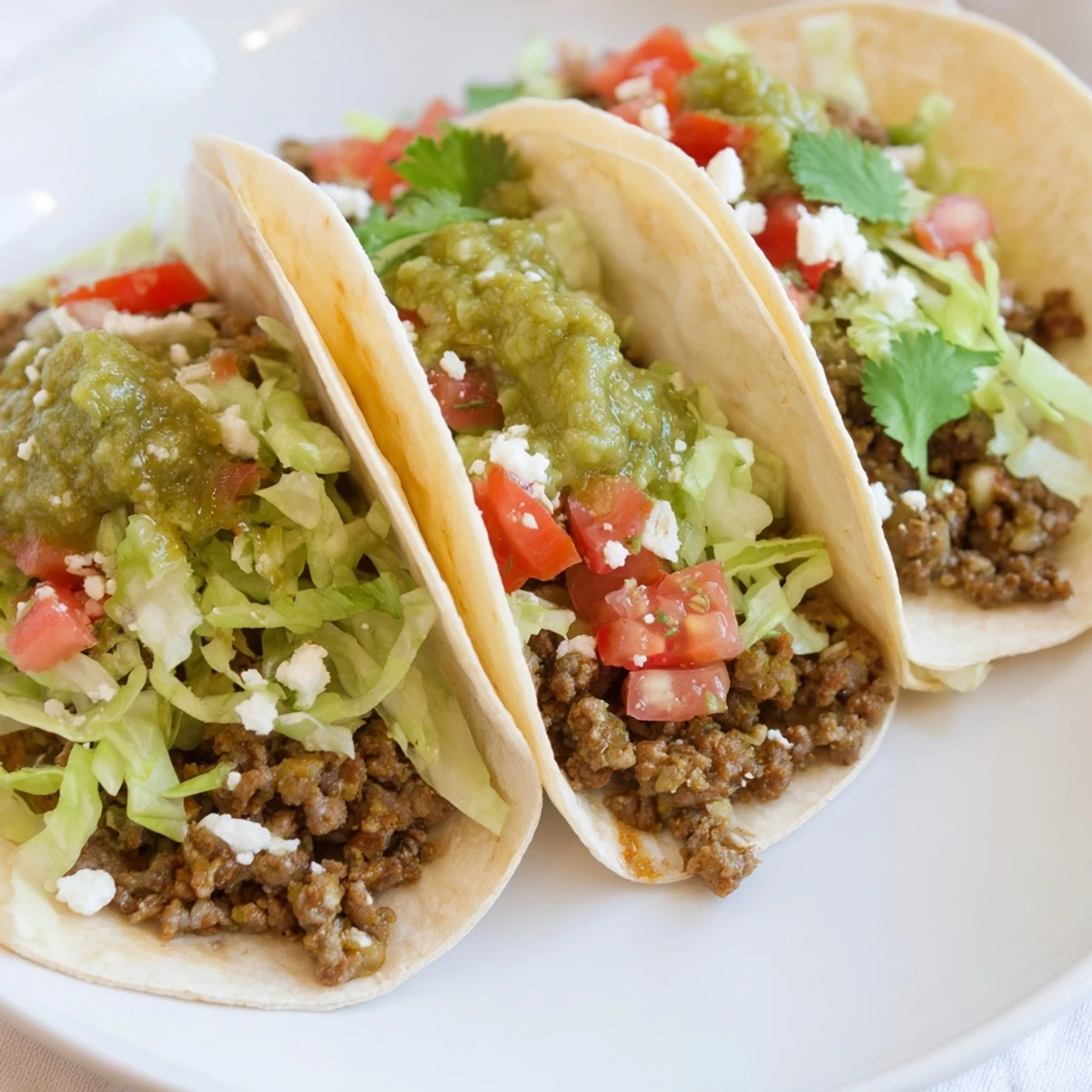 Warm corn tortillas hold seasoned spicy beef tacos topped with bright salsa verde and fresh cilantro.