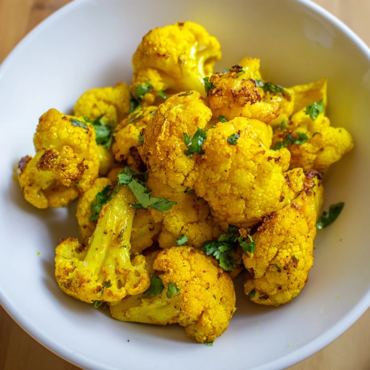 Golden roasted cauliflower florets tossed with turmeric and cumin, garnished with fresh cilantro on a platter.