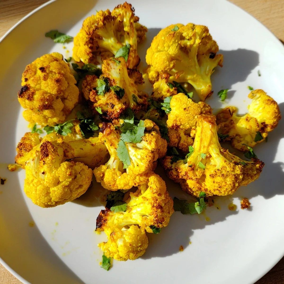 A close-up of crispy-edged Roasted Cauliflower with Turmeric served warm, drizzled with lemon juice.