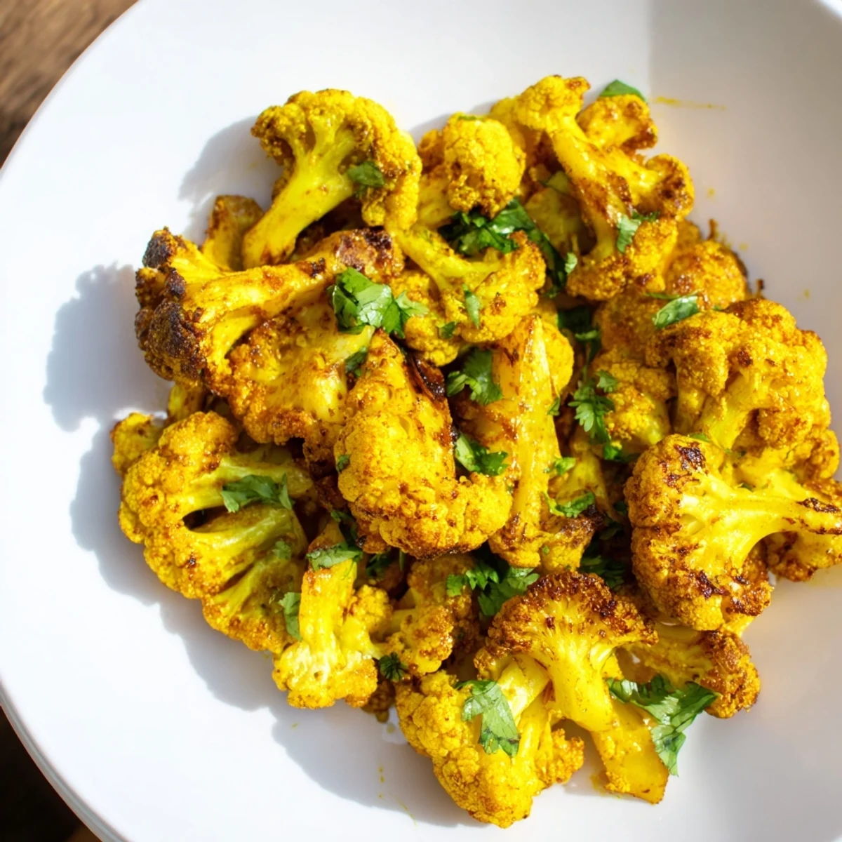 Vibrant Indian-inspired Roasted Cauliflower with Turmeric side dish, featuring golden spices and fresh cilantro garnish.