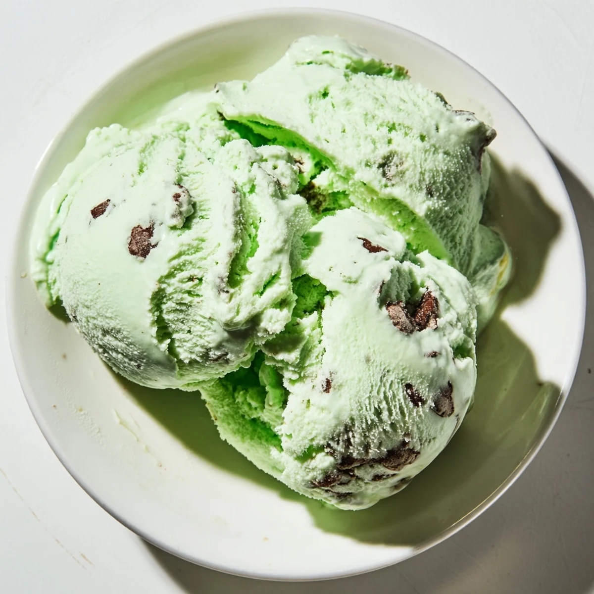 A chilled bowl of Green Mint Chocolate Chip Ice Cream shows smooth mint green texture and dark chocolate pieces.  