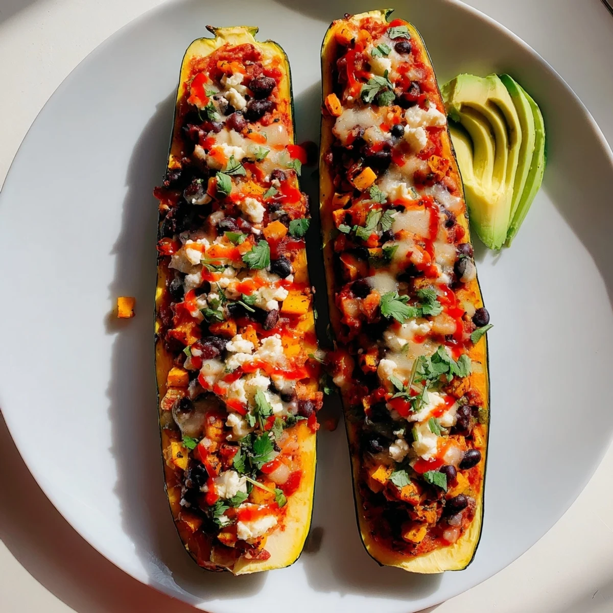 Golden roasted zucchini boats filled with black beans and butternut squash, topped with melted cheese and fresh cilantro.