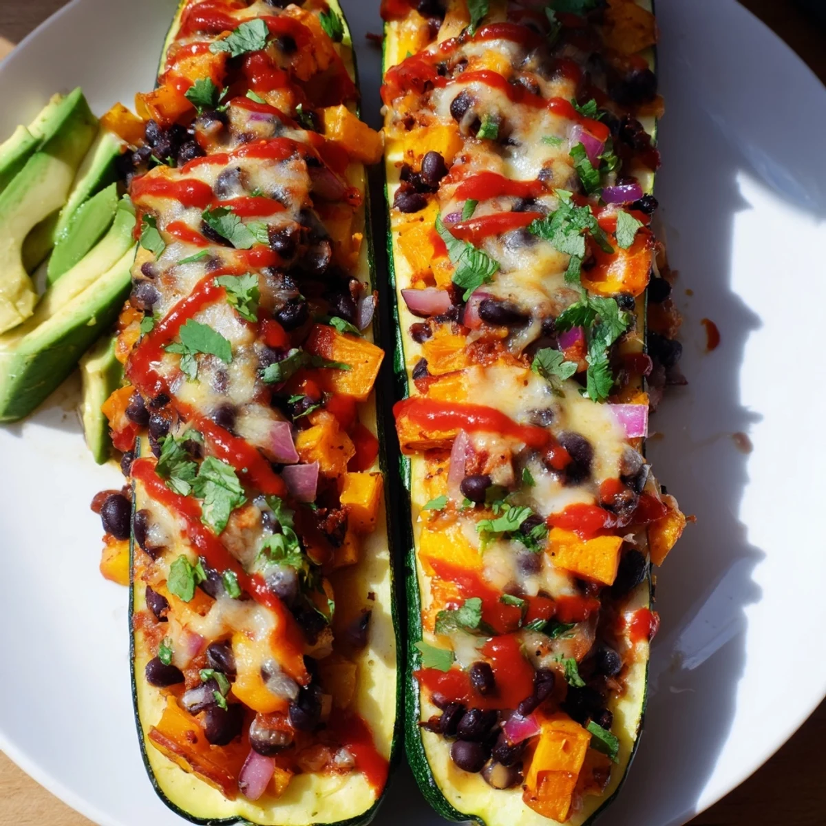Stuffed vegetarian enchilada boats featuring roasted squash, black beans, and melty Monterey Jack cheese garnished with lime.