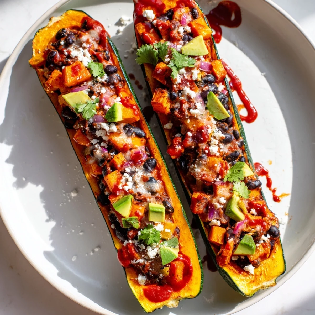 Four zucchini boats overflowing with savory black bean and butternut squash filling, drizzled in rich red enchilada sauce.