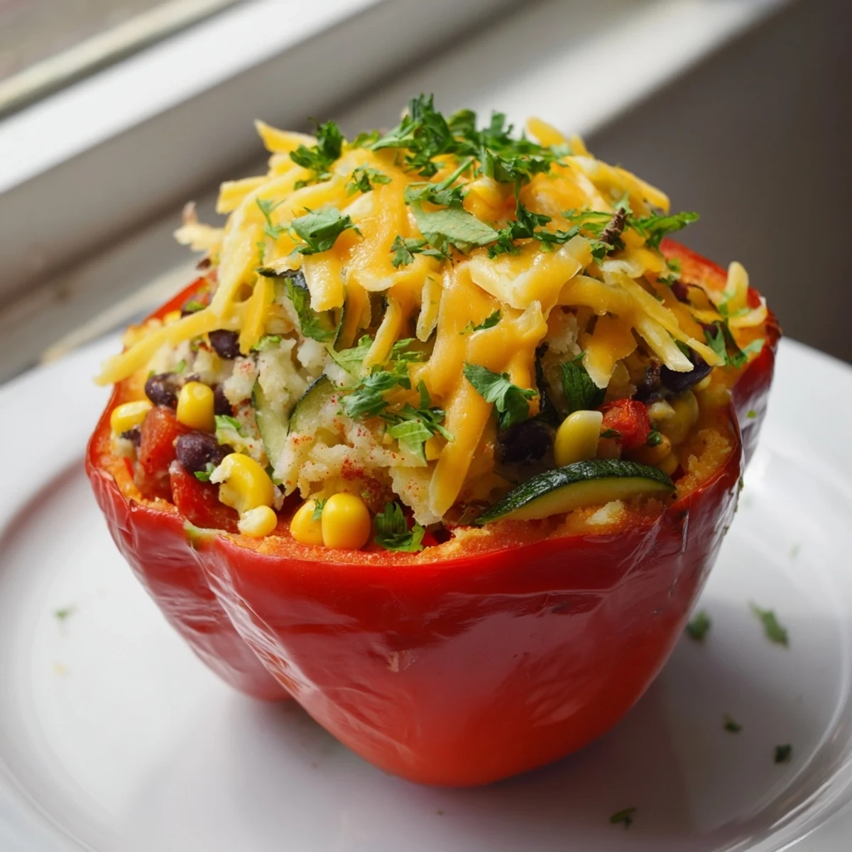 Golden-brown Cajun Potato Stuffed Bell Peppers sit in a baking dish, topped with melted cheese and fresh parsley.