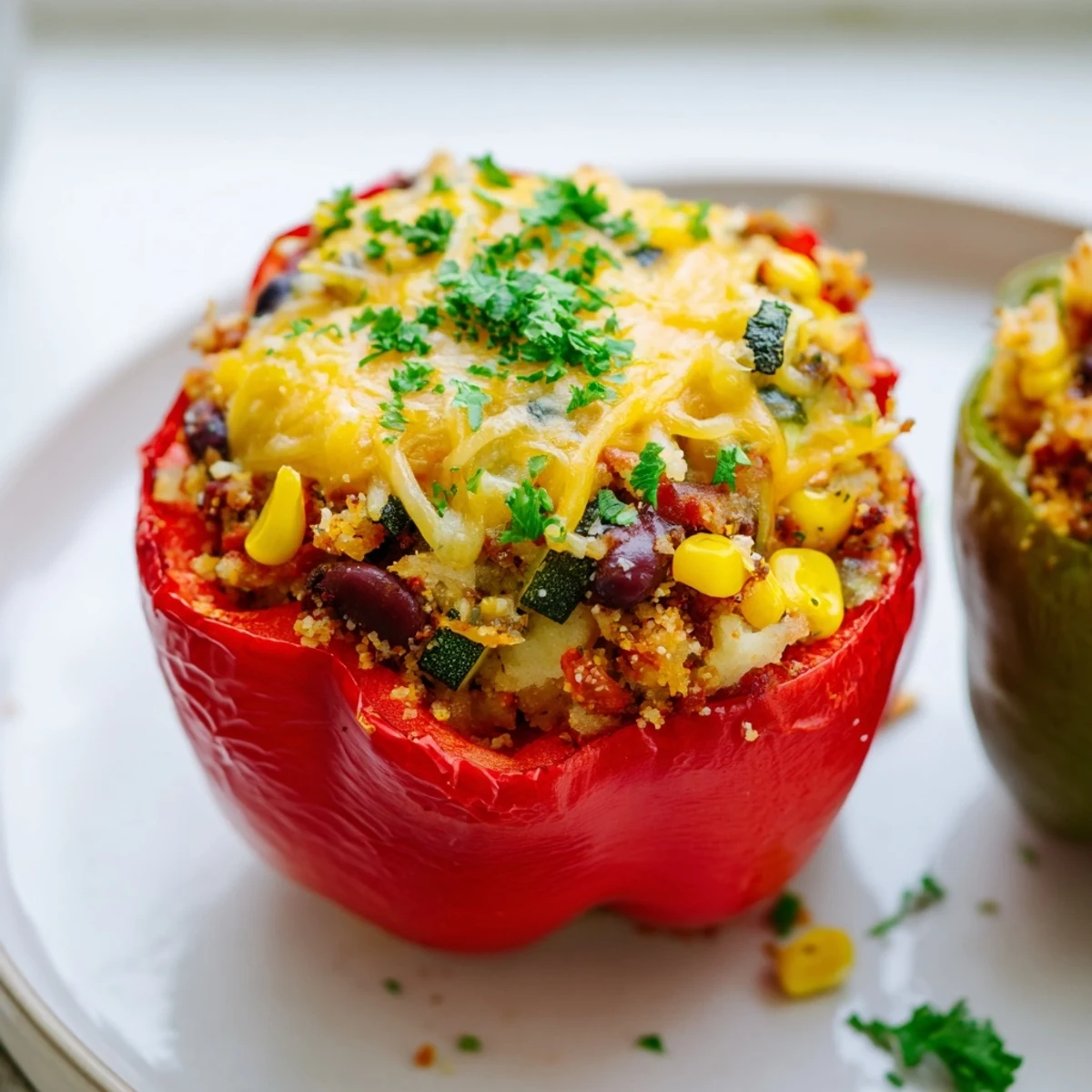 Four colorful bell peppers filled with Cajun Potato Stuffed Bell Peppers, served on a rustic wooden table for dinner.
