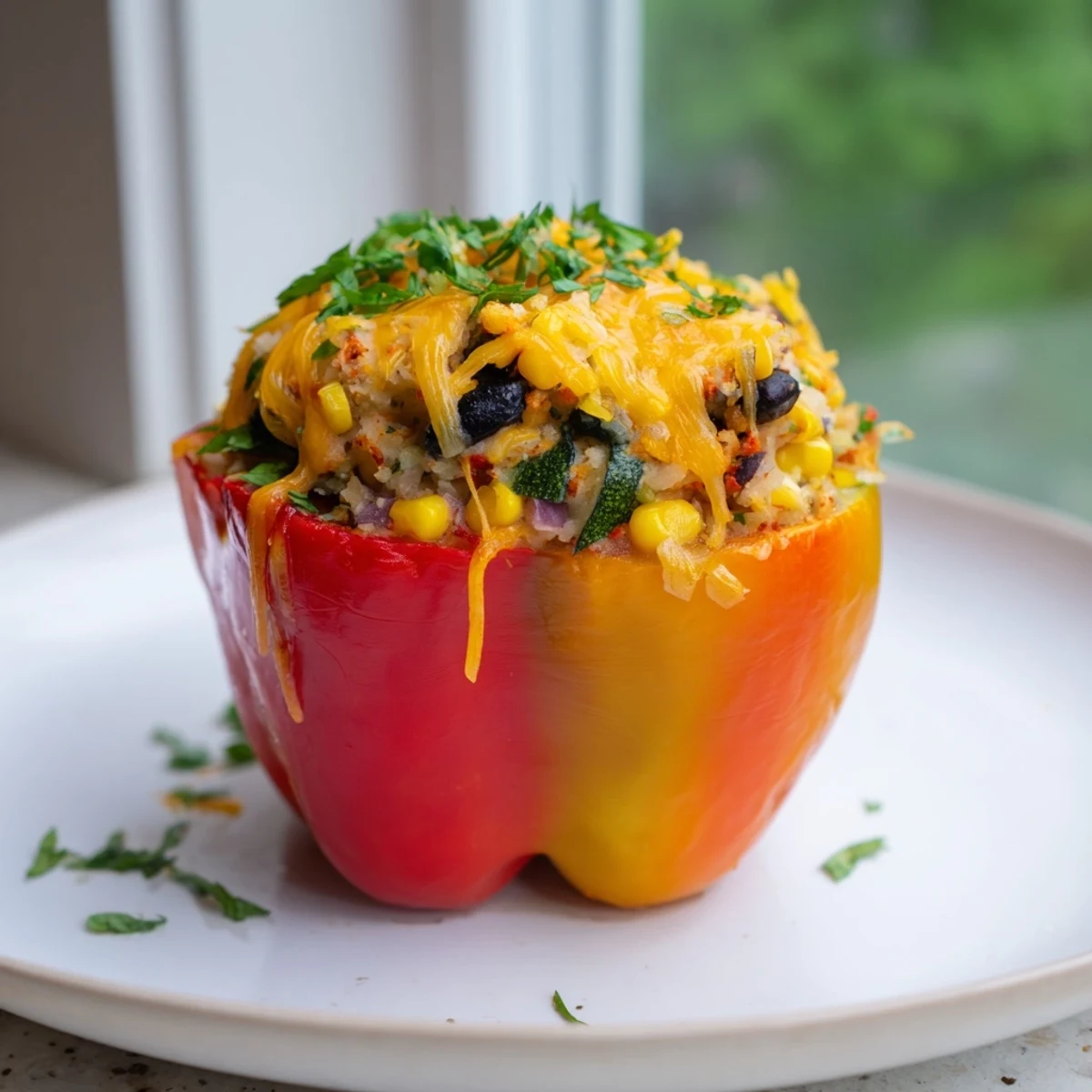 A close-up shows the zesty potato and vegetable filling of Cajun Potato Stuffed Bell Peppers inside a roasted pepper.