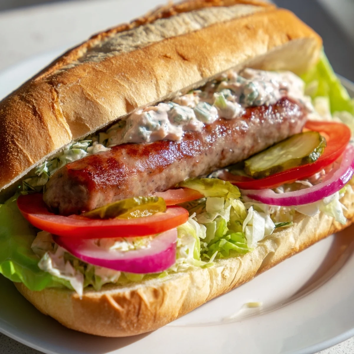 Grilled Cajun Beef Sausage Po Boy Sandwiches on a toasted baguette with fresh toppings.