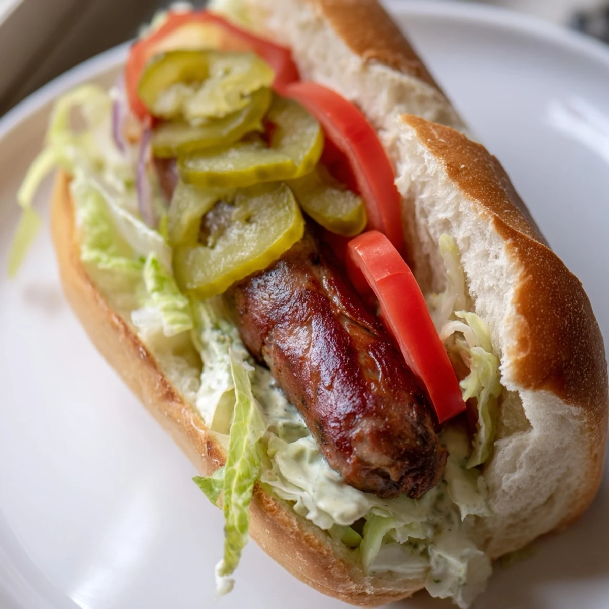 A close-up of a Grilled Cajun Beef Sausage Po Boy Sandwich, loaded with lettuce and pickles.