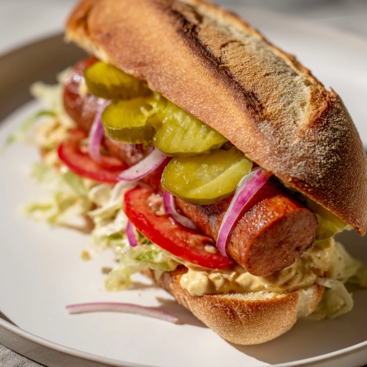 Close-up view of a Grilled Cajun Beef Sausage Po Boy Sandwich with Creole remoulade sauce.
