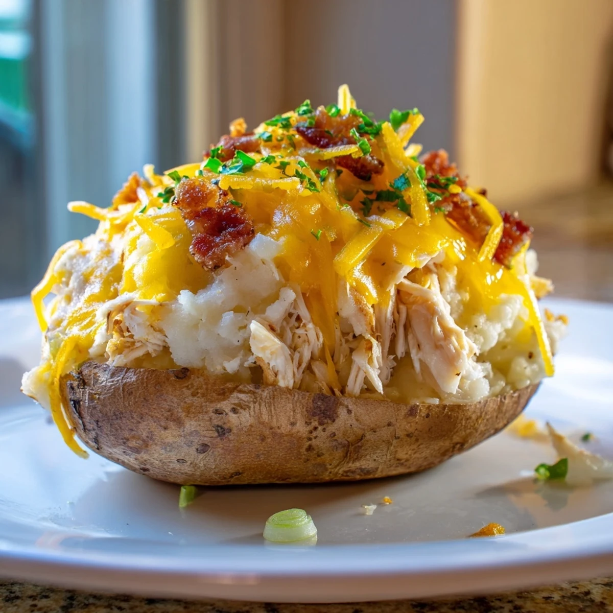 Golden-brown twice baked potatoes with Mud Chicken Stuffed Twice Baked Potatoes with Savory Filling, topped with melted cheddar and fresh parsley on a rustic plate.