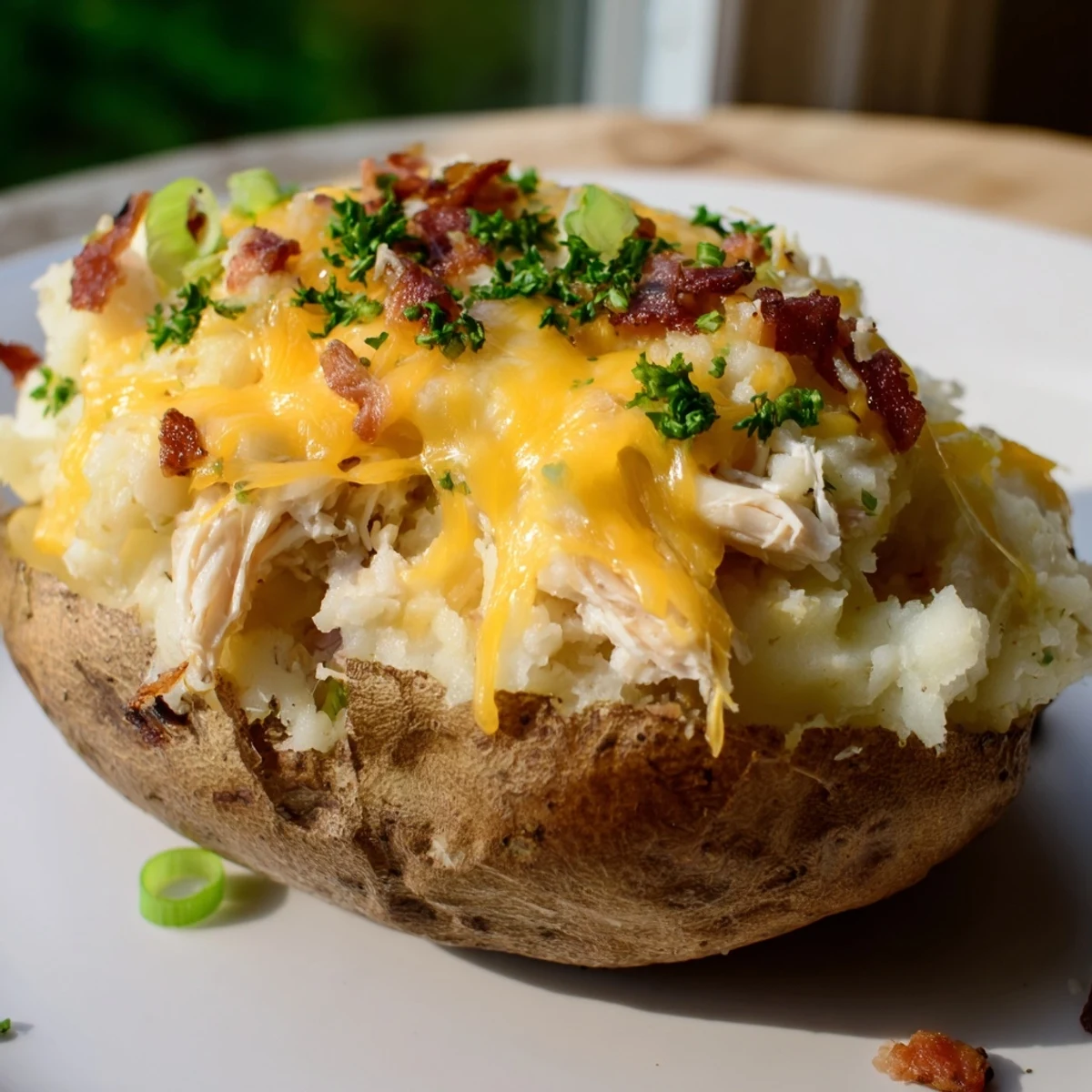 Serve these hearty Mud Chicken Stuffed Twice Baked Potatoes with Savory Filling as a main dish with a side of steamed broccoli.