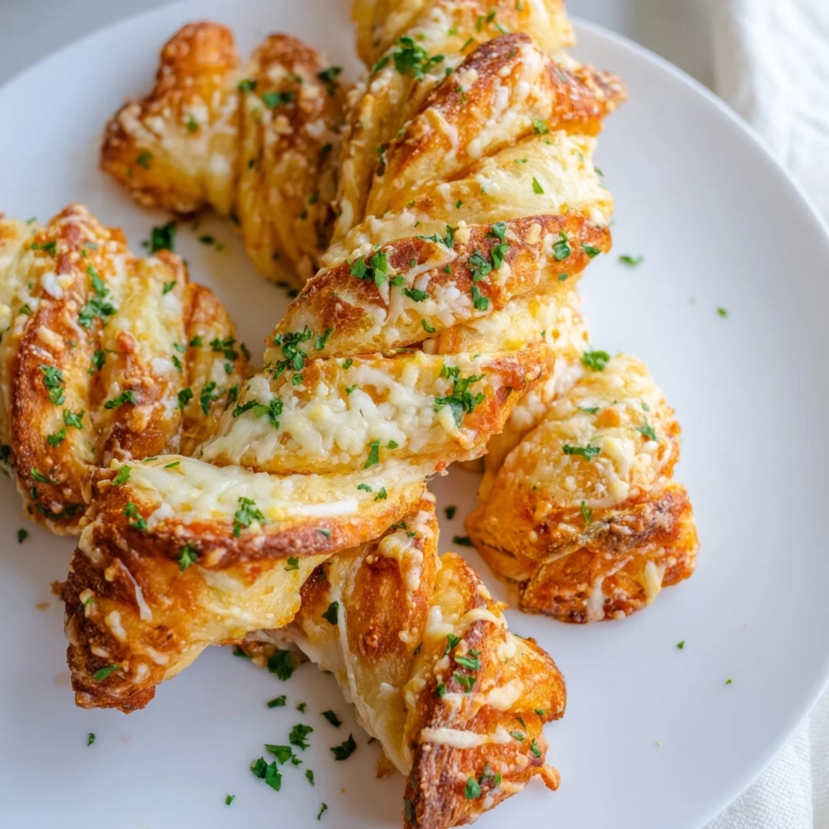 Golden, crispy Crispy Air Fryer Pizza Cheese Bread Twists fresh from the air fryer, brushed with garlic butter.