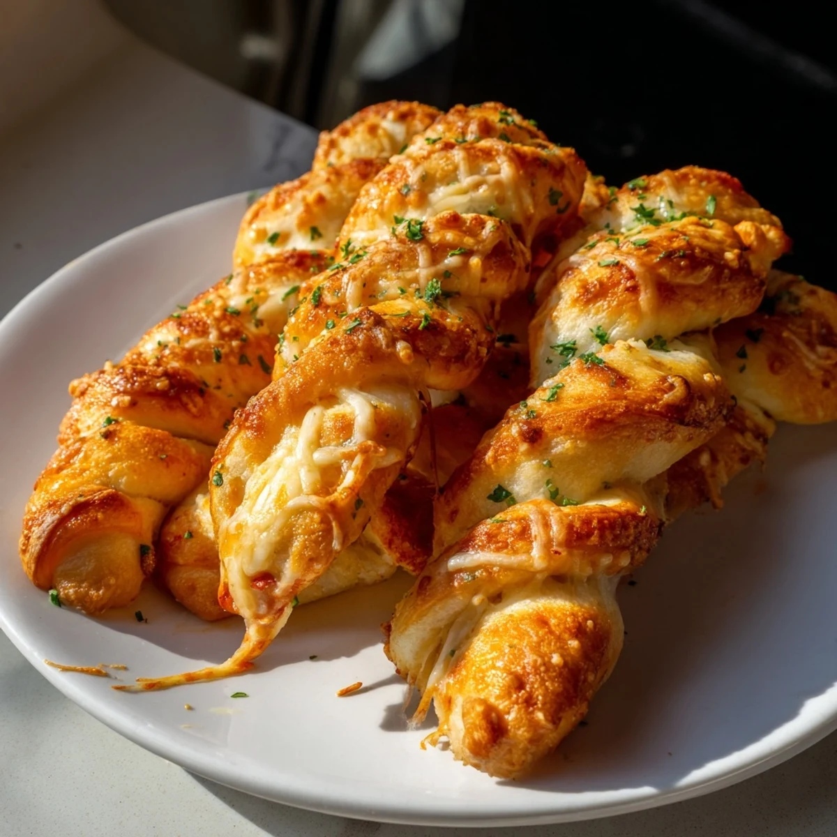 Golden Crispy Air Fryer Pizza Cheese Bread Twists arranged on a plate with a small bowl of dipping sauce.