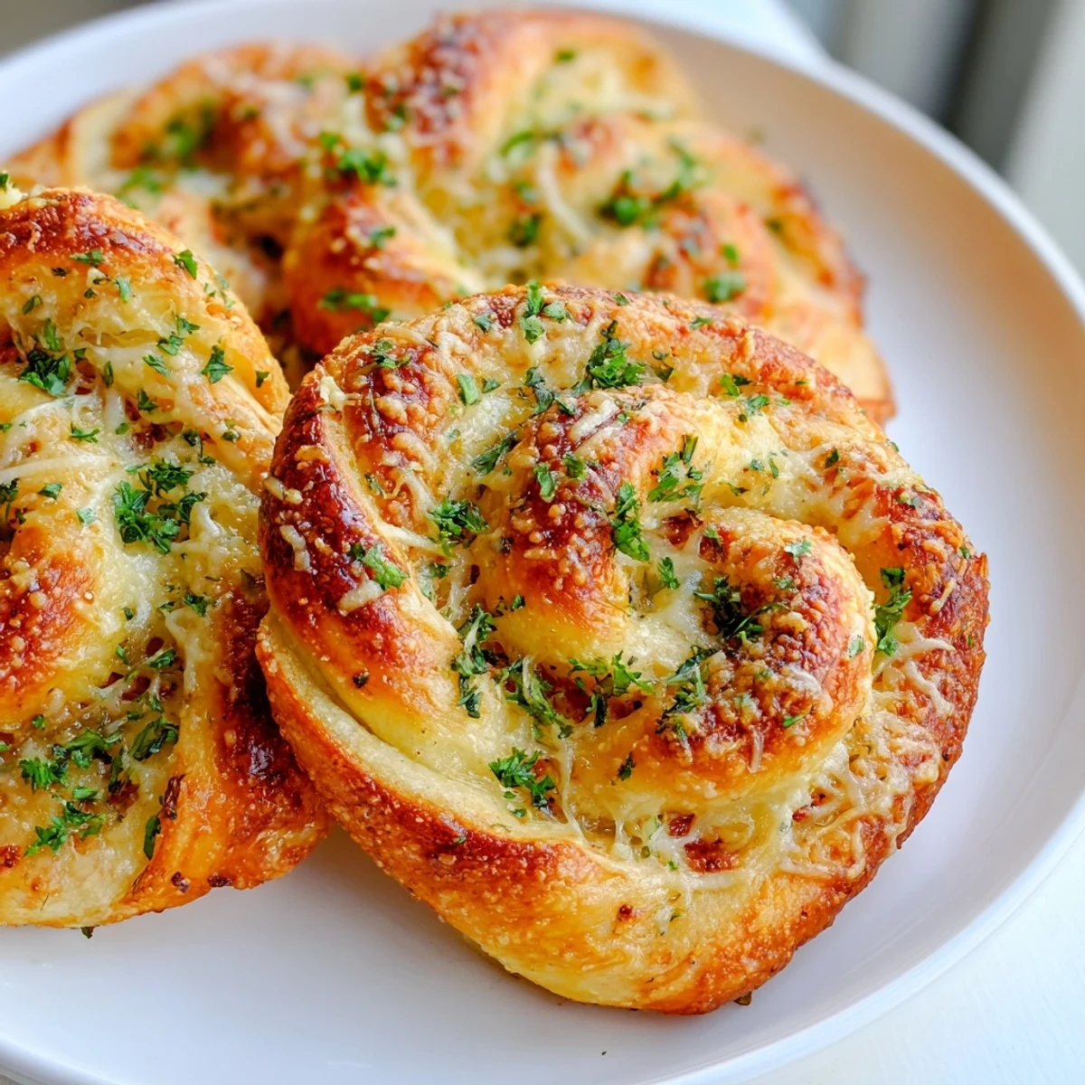 Freshly baked Crispy Air Fryer Pizza Cheese Bread Twists with melted mozzarella and herbs, served warm for snacking.