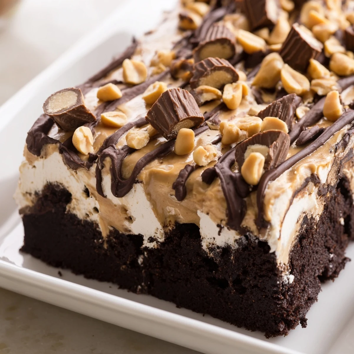 A whole Chocolate Peanut Butter Poke Cake in a glass dish, garnished with chopped peanuts and mini peanut butter cups for a celebratory dessert spread.
