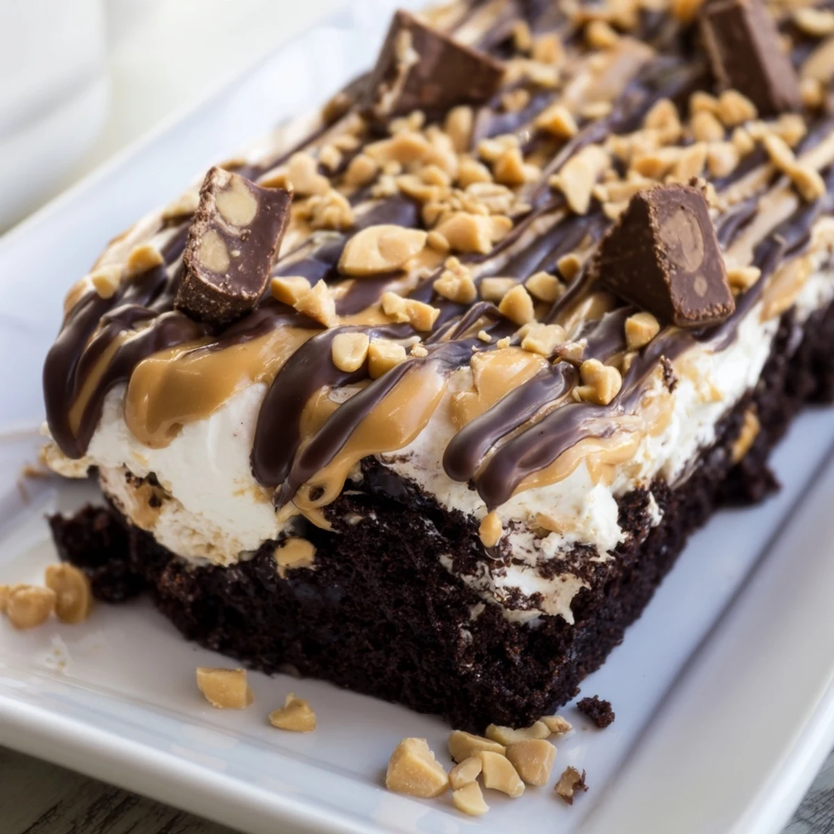 A slice of Chocolate Peanut Butter Poke Cake on a white plate with a dollop of whipped cream and a rich chocolate drizzle dripping down the sides.