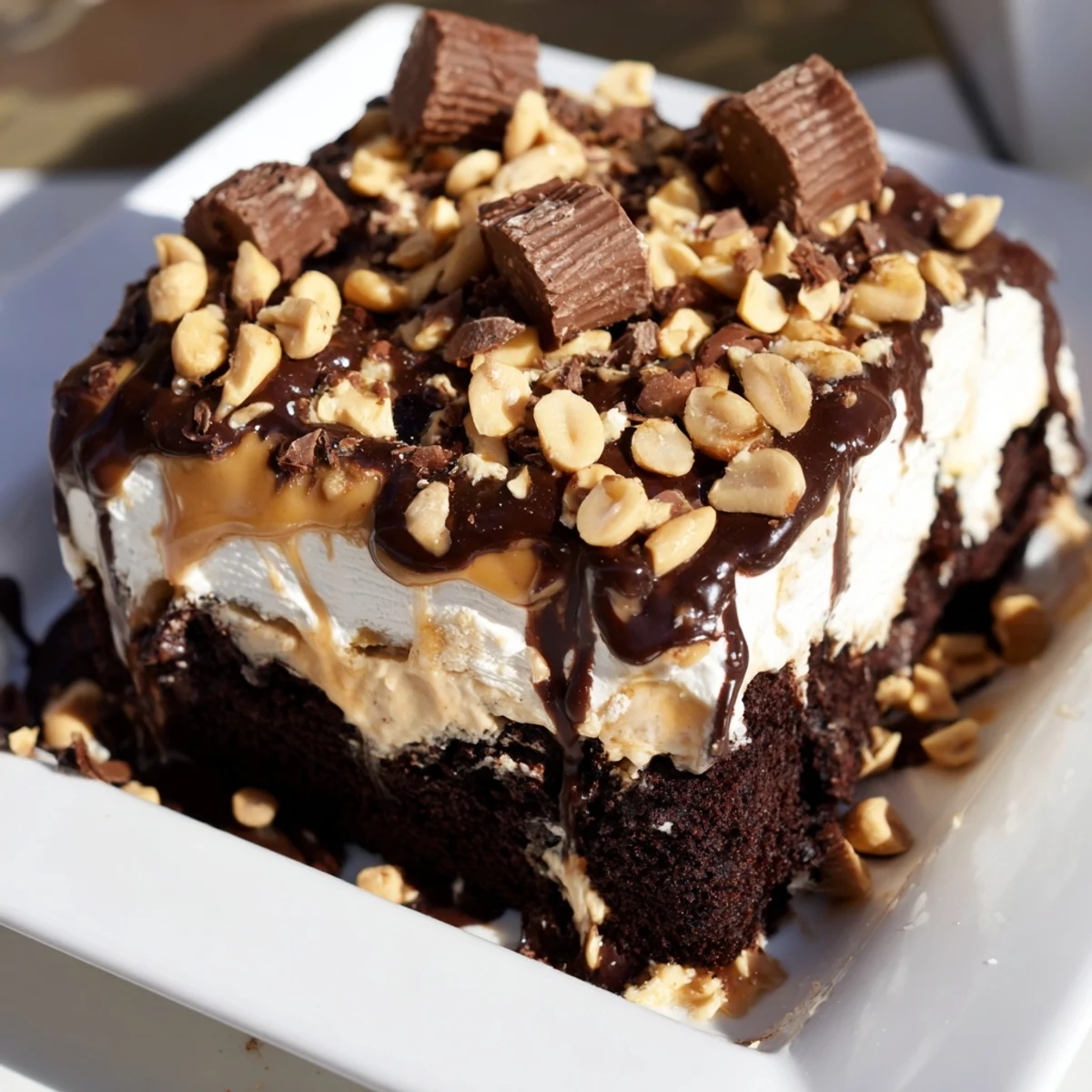 Close-up view of the moist Chocolate Peanut Butter Poke Cake showing creamy peanut butter filling inside the holes, topped with fluffy whipped cream.
