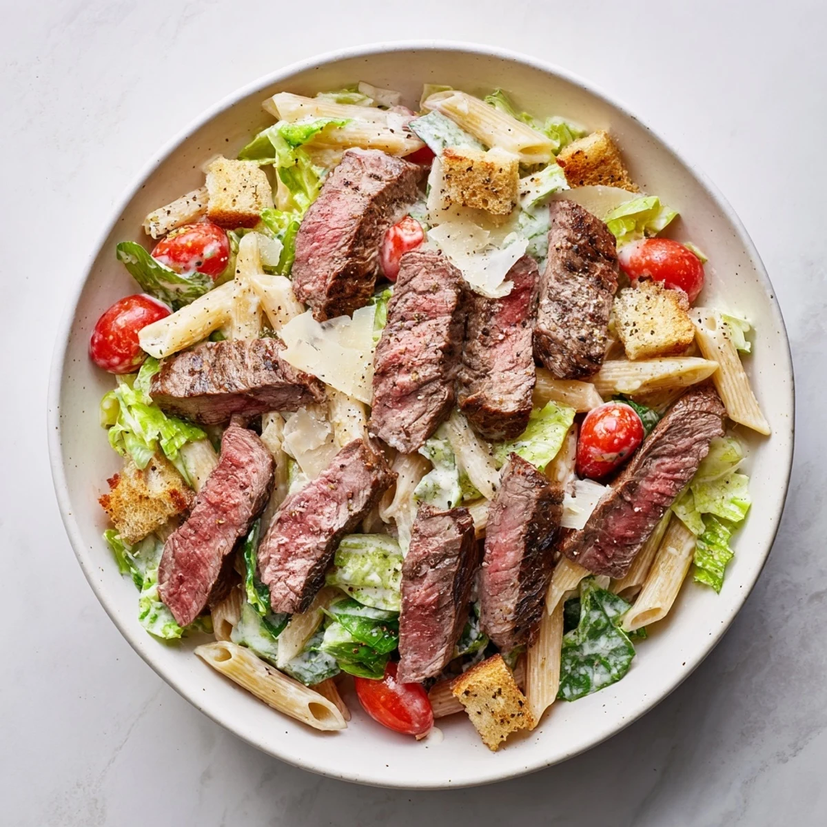 Grilled steak slices rest atop romaine, pasta, and cherry tomatoes in this Flavorful Steak Caesar Pasta Salad.