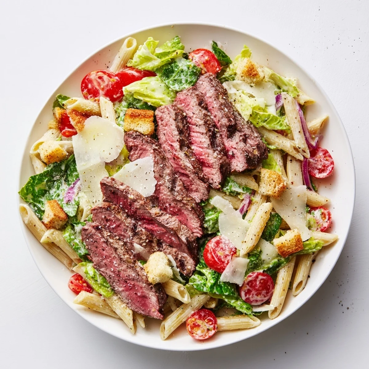 Flavorful Steak Caesar Pasta Salad shows creamy dressing, crunchy croutons, and shaved Parmesan over a chilled bowl.
