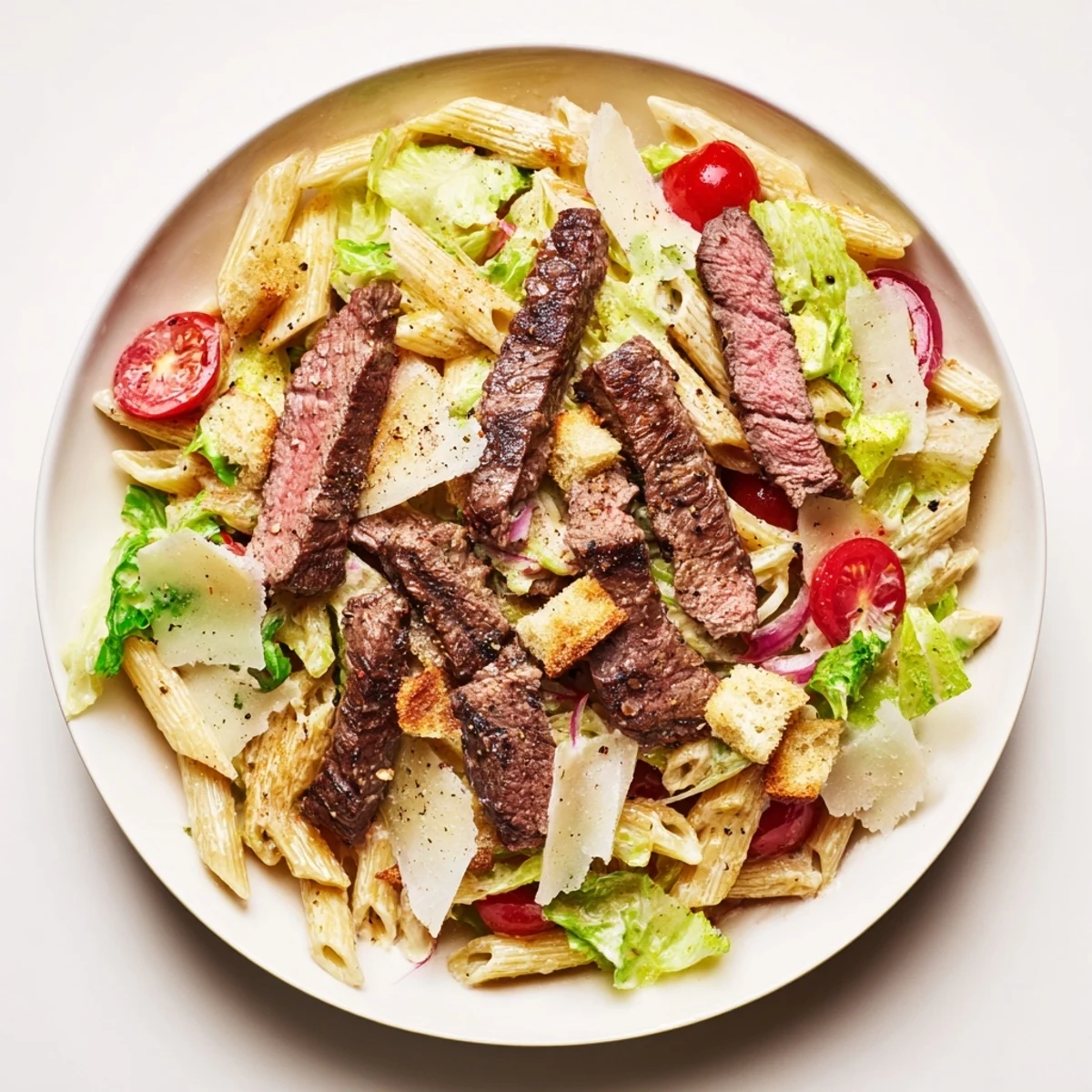Sliced grilled steak combines with al dente pasta, romaine, and Caesar for a satisfying Flavorful Steak Caesar Pasta Salad.
