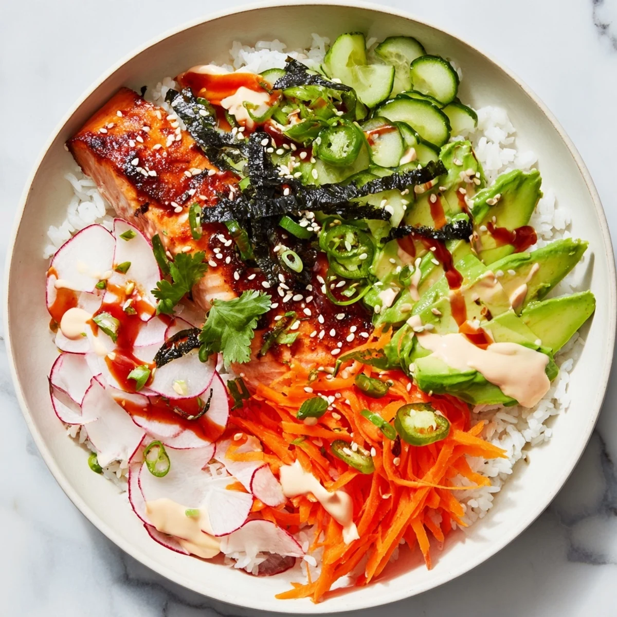 The vibrant Teriyaki Salmon Rice Taco Bowls showcase glazed salmon over jasmine rice with crunchy pickled veggies and creamy sriracha mayo.
